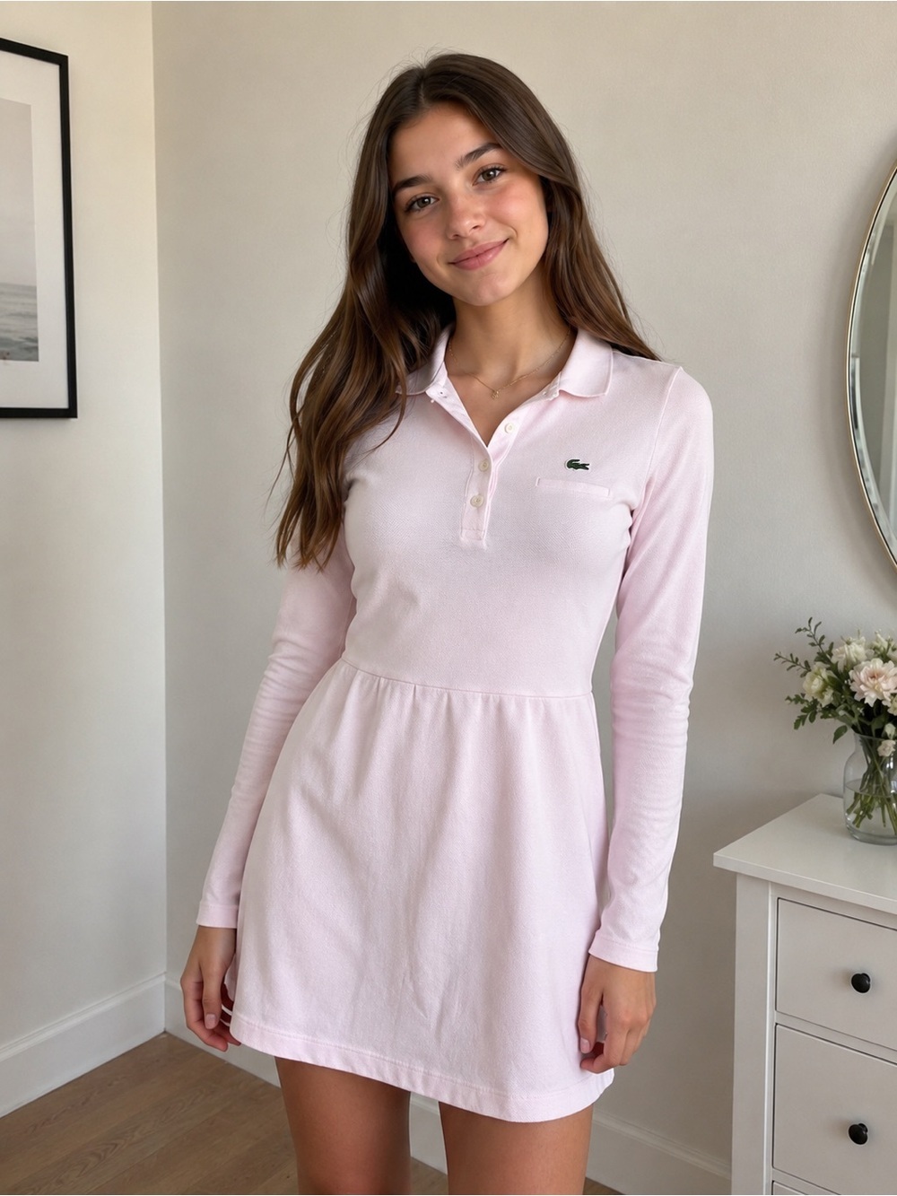 Lacoste Pink Long-Sleeve Polo Dress 100% cotton 16 y.o.